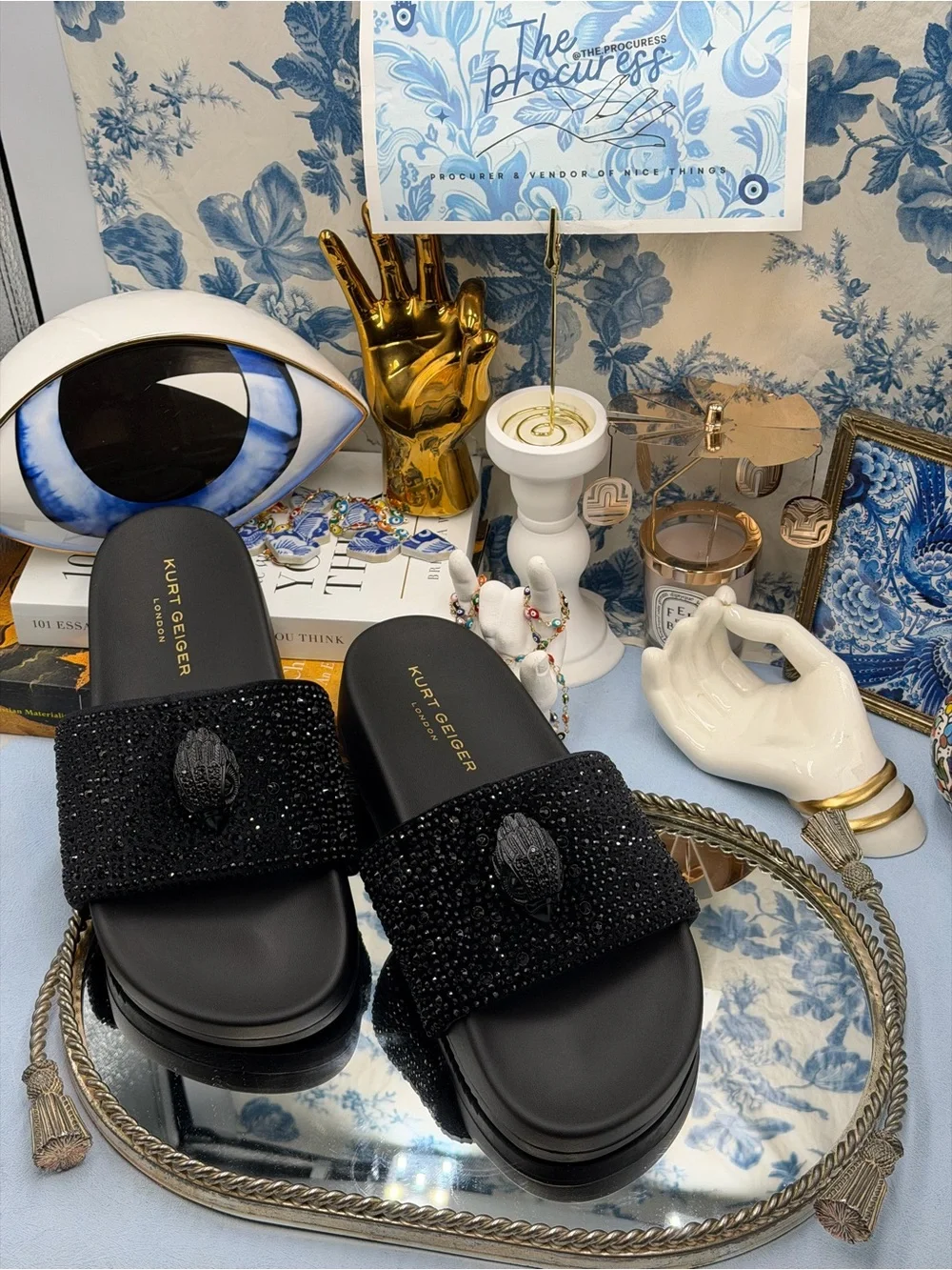 🆕 KURT GEIGER LONDON 🧿 NWOB Brockwell Strass Black Crystal Slide Sandal